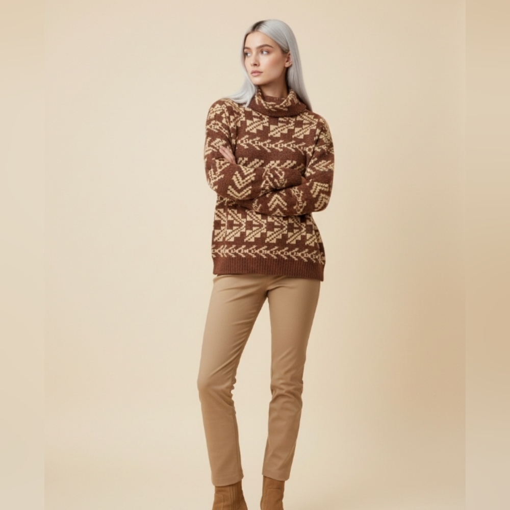 Brown and Cream Aztec Cowl Neck Sweater, Plus Size XXXLG